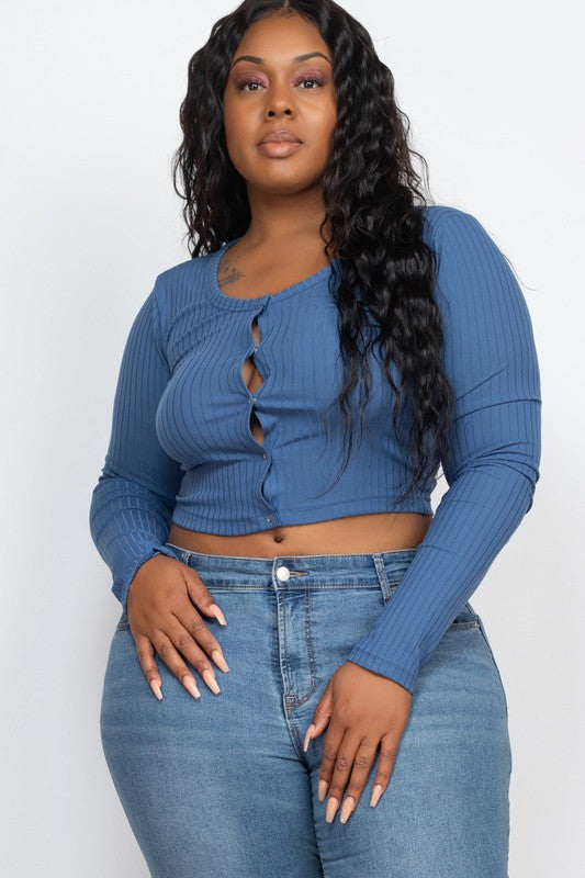 Plus Size Long Sleeve Snap Button Down Crop Top