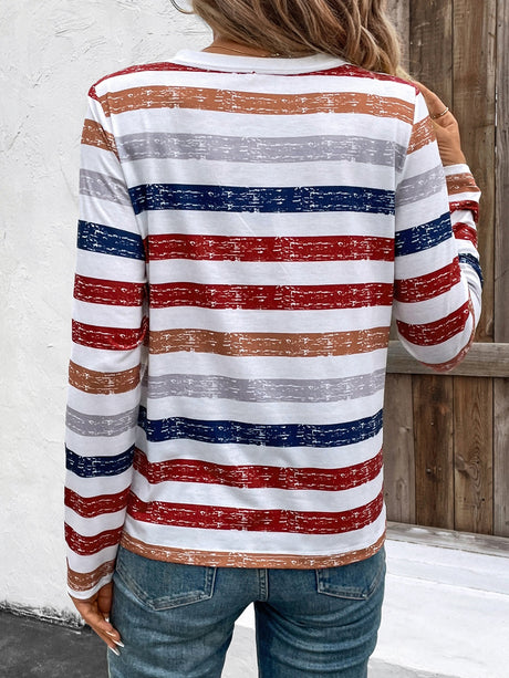 Contrast Striped V-Neck Long Sleeve T-Shirt