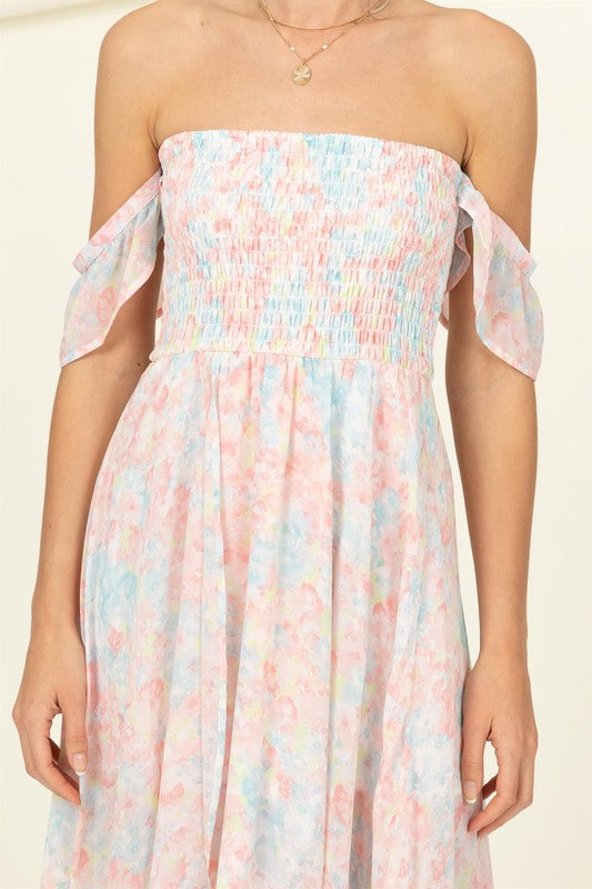 Off The Shoulder Pastel Floral Smocked Midi Dress