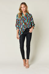 Double Take Full Size Geometric Notched Dolman Sleeve Top