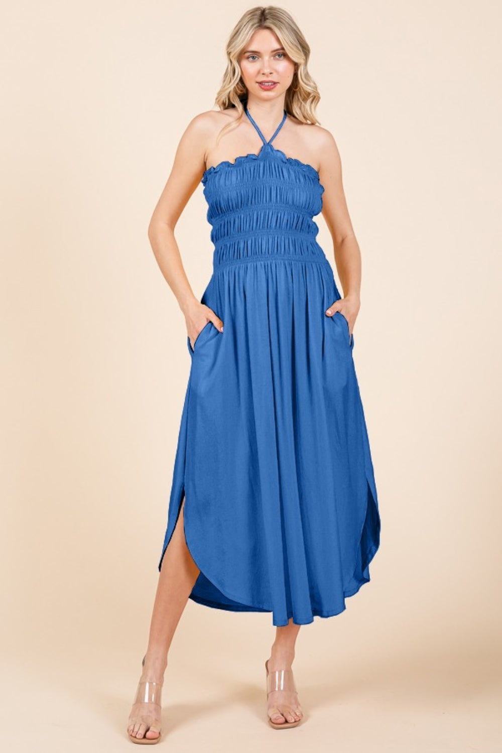 Blue Culture Code Tie Back Shirring Dress with Pockets