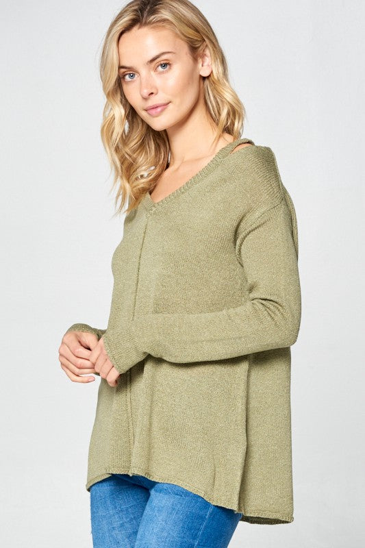 Solid Light Knit V-Neck Cold Shoulder Sweater