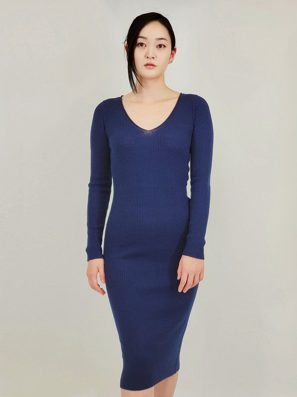 V-Neck Sheer Ribbed Knit Long Sleeve Sweater Dress king-general-store-5710.myshopify.com