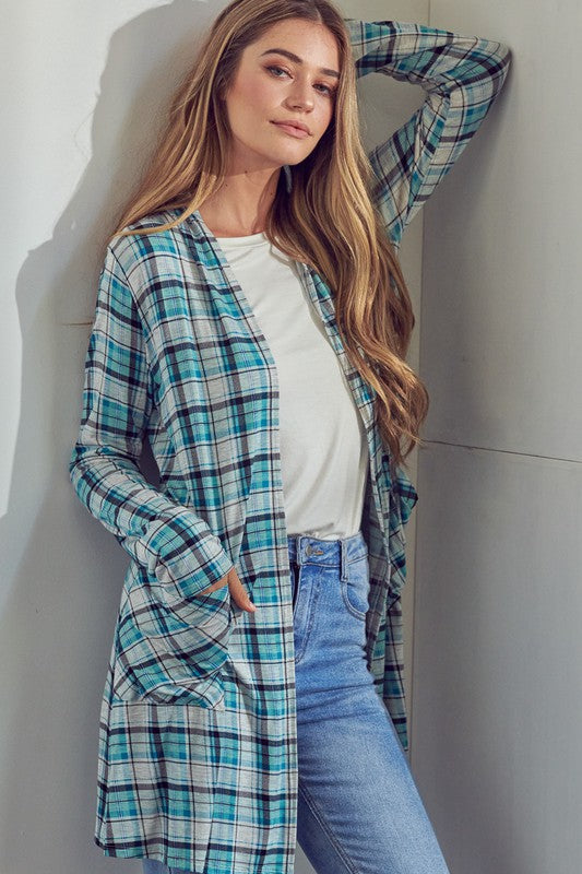 Plaid Long Sleeve Side Pockets Cardigan