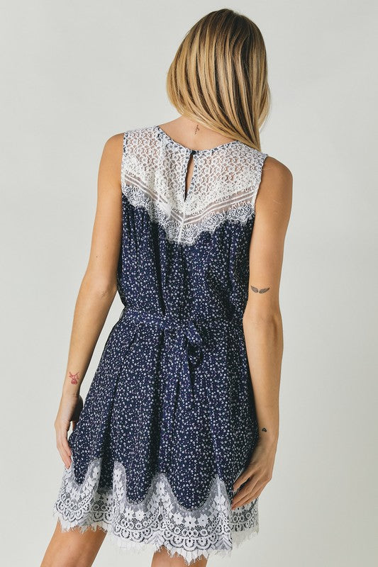 Printed Sleeveless Lace Trim Mini Dress king-general-store-5710.myshopify.com