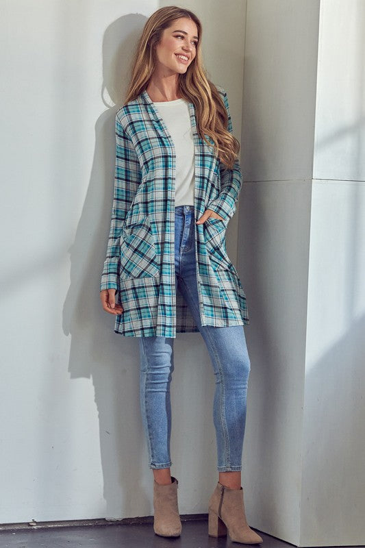 Plaid Long Sleeve Side Pockets Cardigan