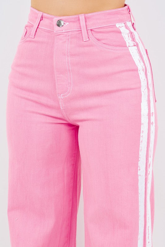 Wide Leg Striped Jeans in Pink