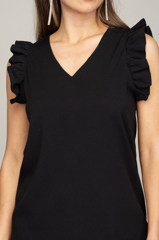 V-Neck Ruffle Sleeveless Tee Shirt