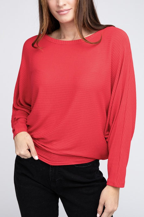 Ribbed Batwing Long Sleeve Boat Neck Sweater king-general-store-5710.myshopify.com