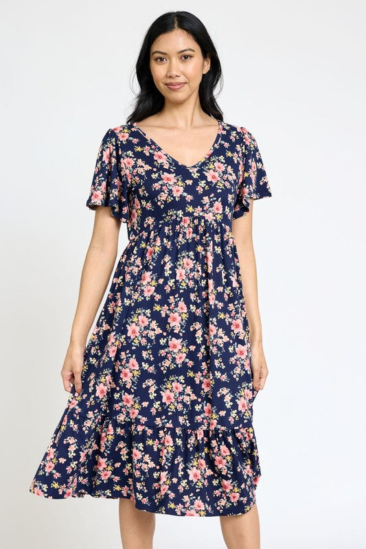 Floral Angel Sleeve Midi Dress