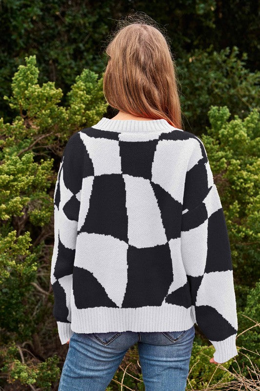 Multi Geo Checker Pullover Knit Sweater Top king-general-store-5710.myshopify.com