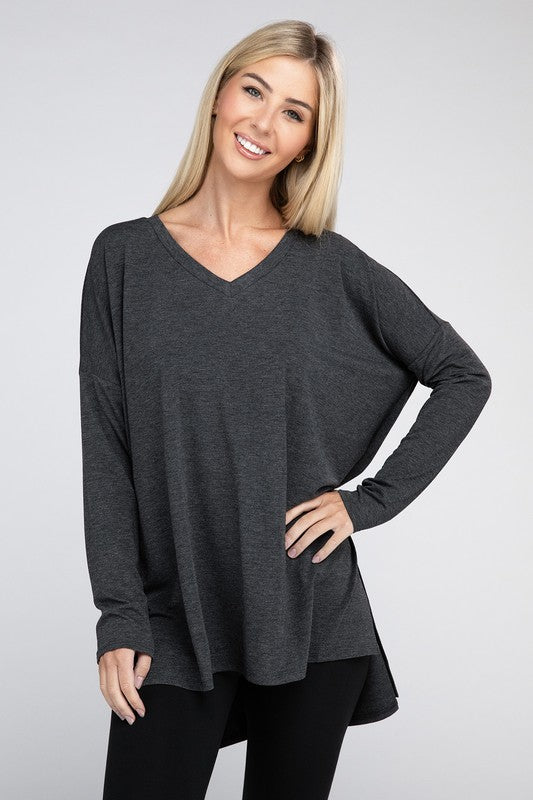 Dolman Long Sleeve V-Neck Side Slit Hi-Low Hem Top king-general-store-5710.myshopify.com