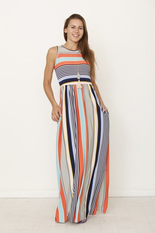 Multi Color Stripe Maxi Dress with Hidden Pocket