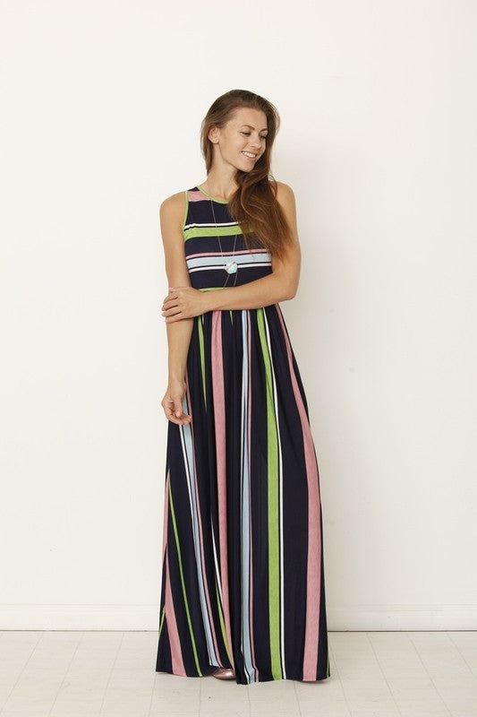 Multi Color Stripe Maxi Dress with Hidden Pocket