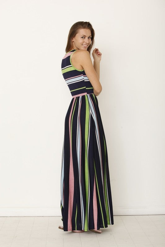 Multi Color Stripe Maxi Dress with Hidden Pocket