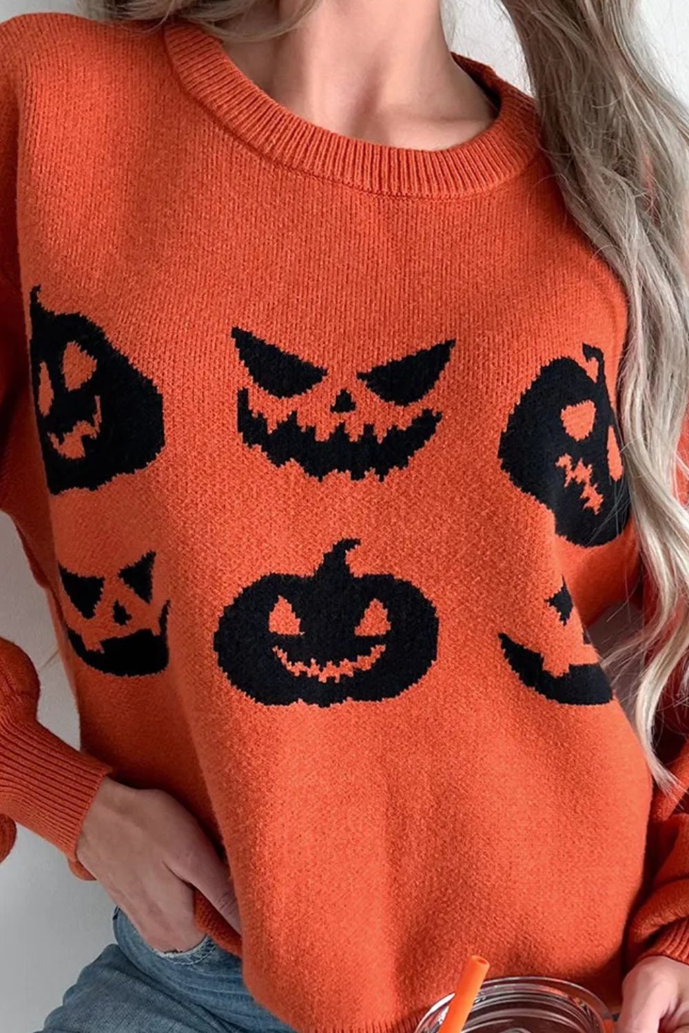 Pumpkin Pattern Round Neck Sweater