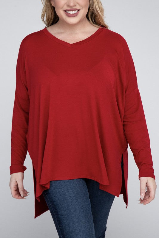 Plus Dolman Sleeve V-Neck Side Slit Hi-Low Hem Top king-general-store-5710.myshopify.com