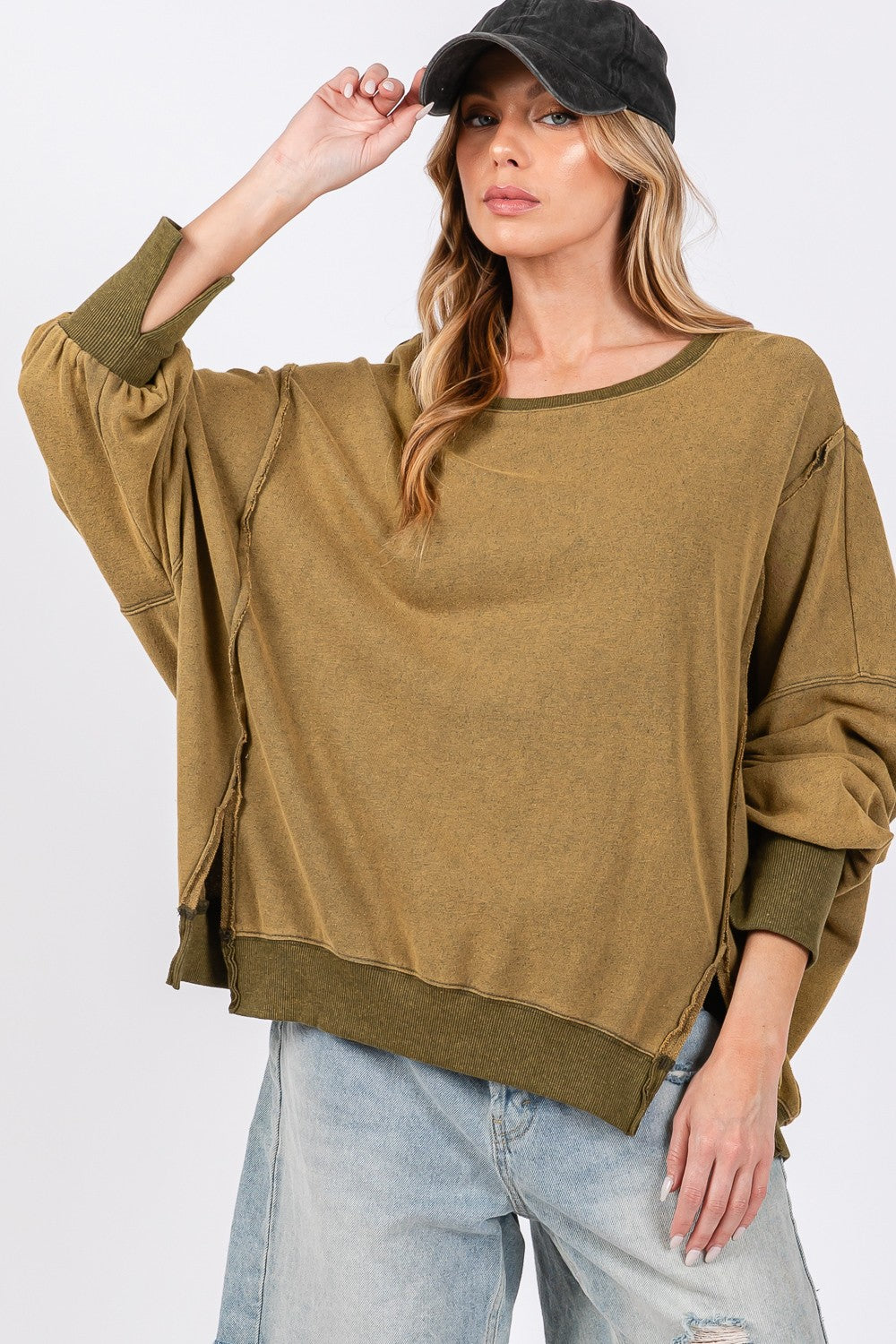 SAGE + FIG Mineral Wash Side Slit Oversized Sweatshirt