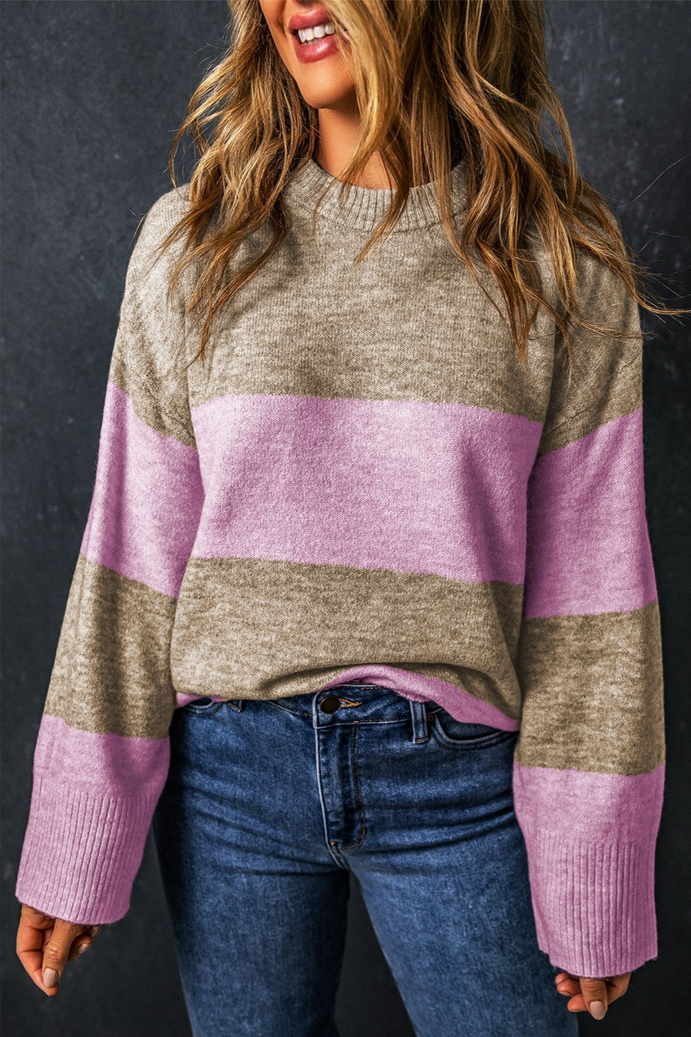 Color Block Round Neck Long Sleeve Sweater