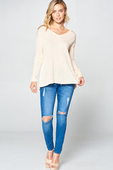 Solid Light Knit V-Neck Cold Shoulder Sweater