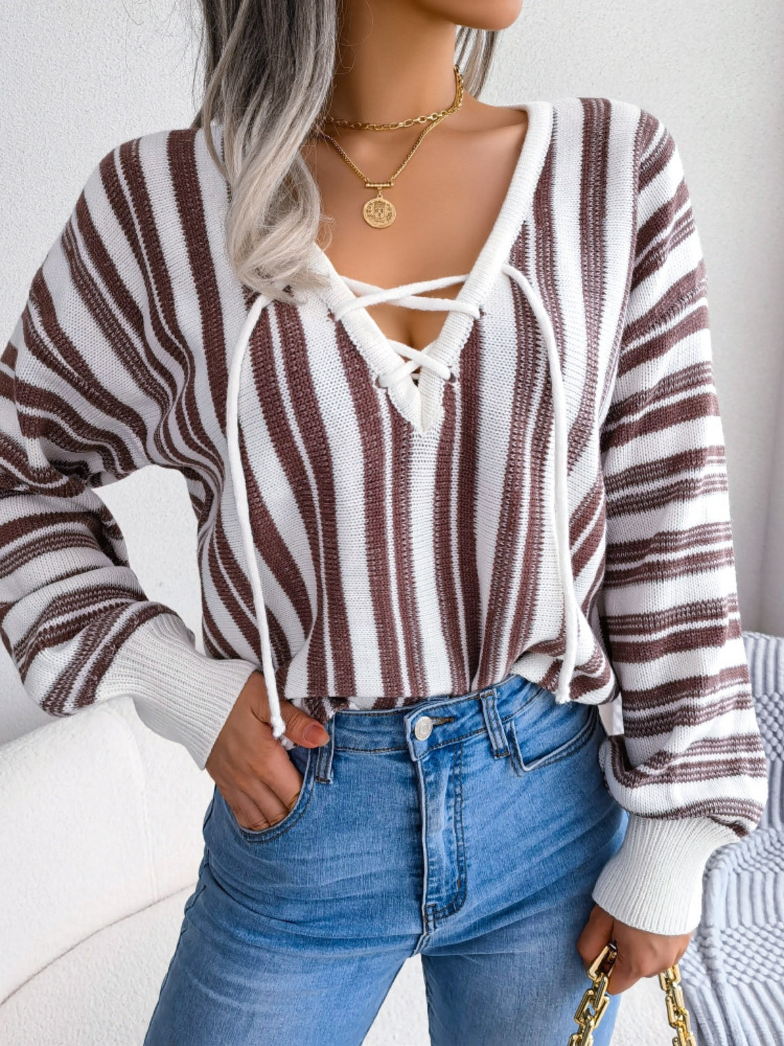 Striped Lace-Up Long Sleeve Sweater