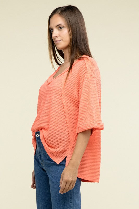 Brushed Waffle Exposed-Seam 3/4 Sleeve Top