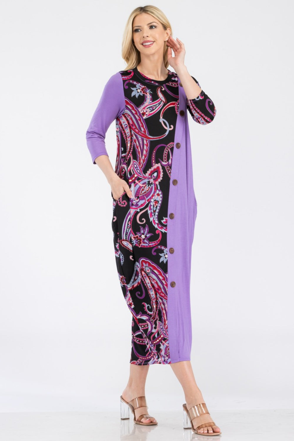 Celeste Full Size Paisley Contrast Midi Dress with Pockets