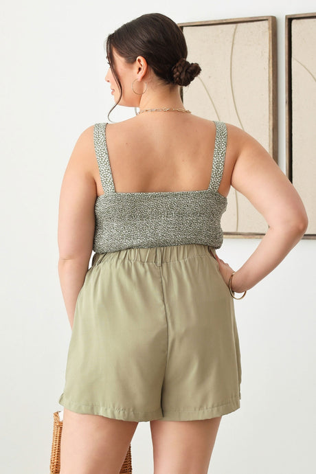 Zenobia Sage Plus Size Half Elastic Waist Shorts with Pockets