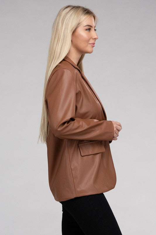 Sleek Pu Leather Blazer with Front Closure king-general-store-5710.myshopify.com