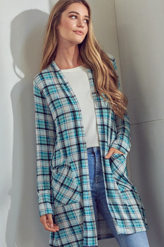 Plaid Long Sleeve Side Pockets Cardigan