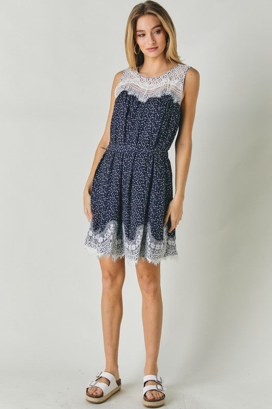 Printed Sleeveless Lace Trim Mini Dress king-general-store-5710.myshopify.com