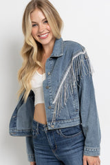 Crop Denim Jacket with Rhinestone Fringe