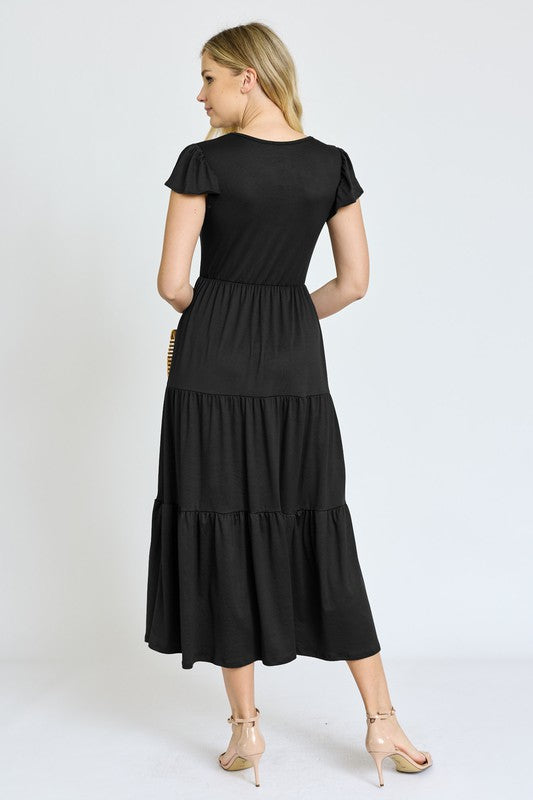 Solid Flutter Sleeve Tiered Tea Length Dress king-general-store-5710.myshopify.com