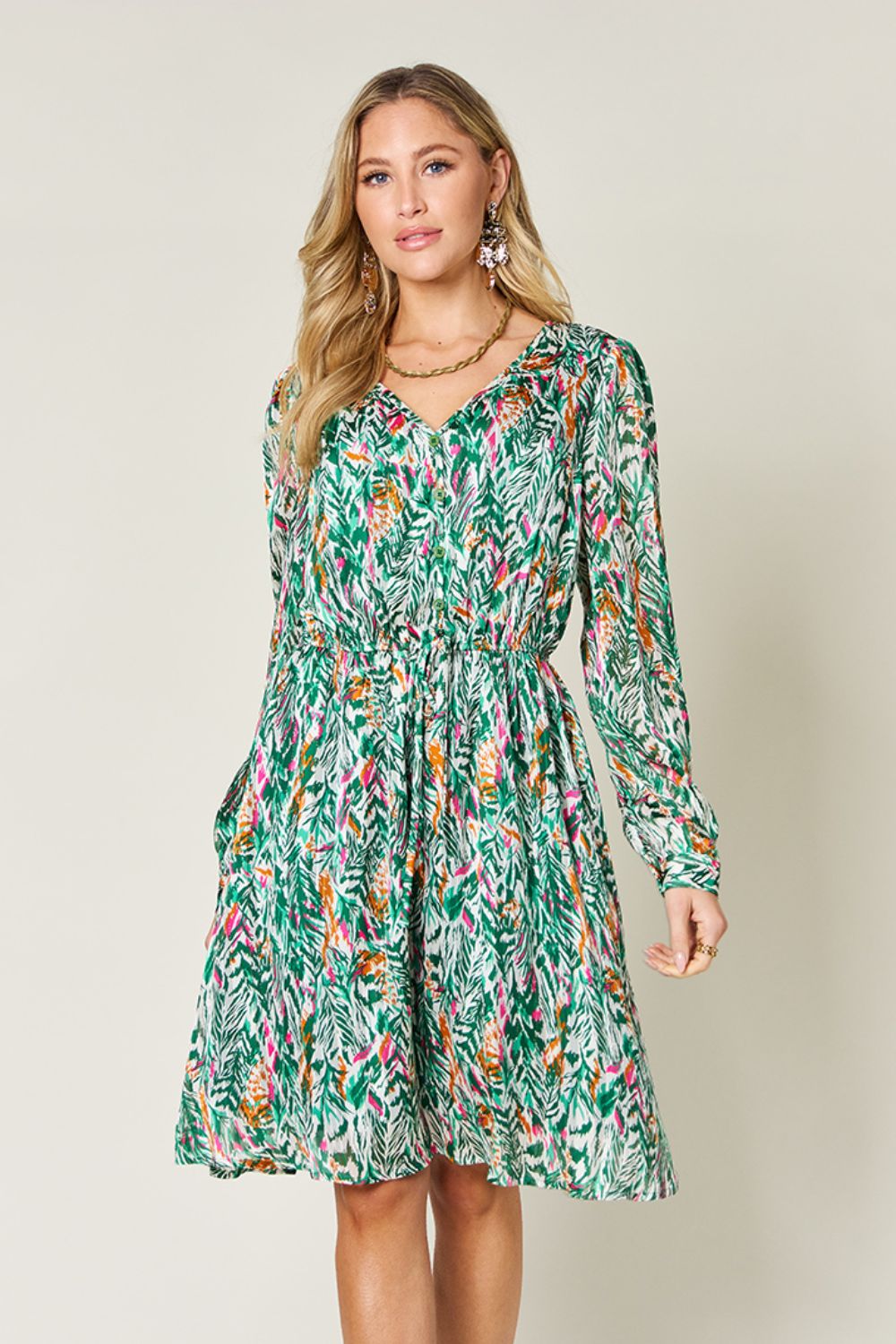 Double Take Full Size Printed Drawstring Waist Long Sleeve Dress