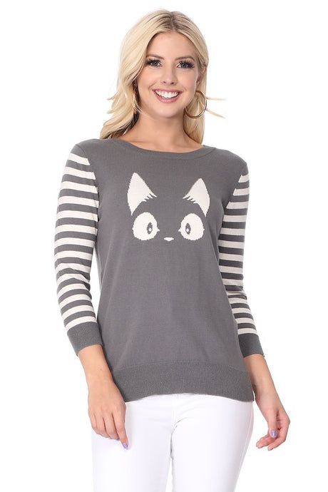 Kitty Cat Jacquard Casual Crewneck PulloverSweater king-general-store-5710.myshopify.com