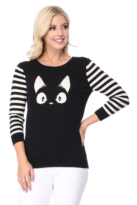 Kitty Cat Jacquard Casual Crewneck PulloverSweater king-general-store-5710.myshopify.com