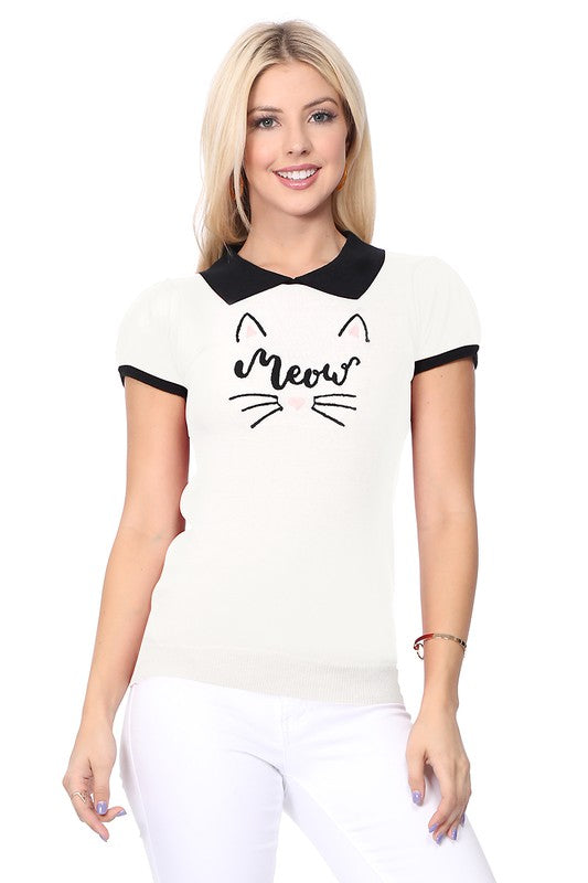 Meow Cat Jacquard Cap Sleeve Pullover Sweater king-general-store-5710.myshopify.com