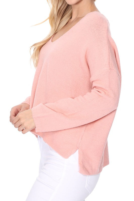 Wide V-Neck Oversized Sweater Top w. Side Slit king-general-store-5710.myshopify.com