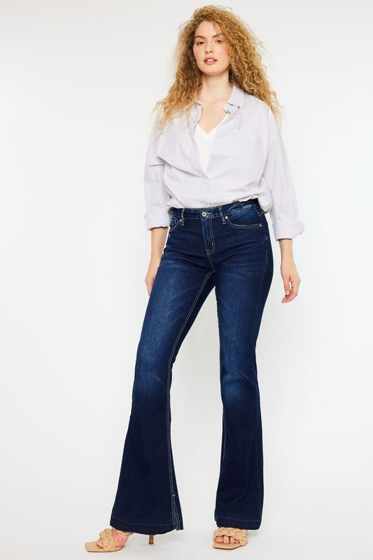 Dark Wash Mid Rise Hem Detail Flare Jeans king-general-store-5710.myshopify.com