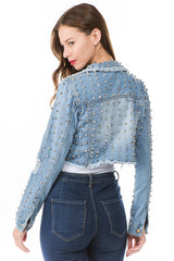 Stud All Over Crop Chic Denim Jacket