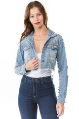 Stud All Over Crop Chic Denim Jacket