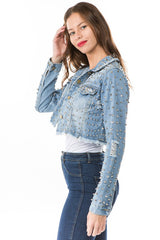 Stud All Over Crop Chic Denim Jacket