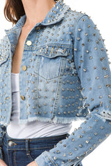 Stud All Over Crop Chic Denim Jacket