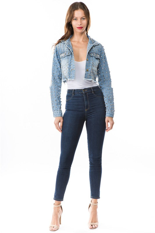 Stud All Over Crop Chic Denim Jacket