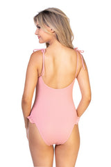 Peach Ribbed Adjustable Tie One Piece with Ruffle Trim