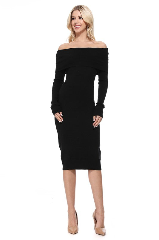 Off Shoulder Long Sleeve Slim Fit Midi Knit Dress king-general-store-5710.myshopify.com