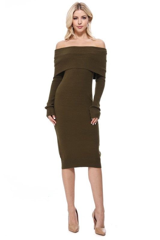 Off Shoulder Long Sleeve Slim Fit Midi Knit Dress king-general-store-5710.myshopify.com