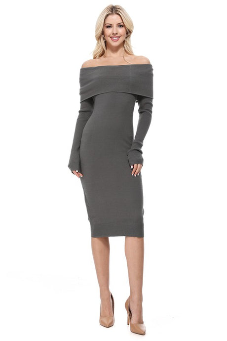 Off Shoulder Long Sleeve Slim Fit Midi Knit Dress king-general-store-5710.myshopify.com