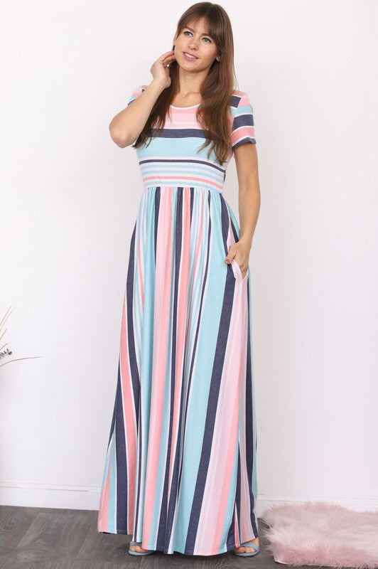 Short Sleeve Stripe Maxi Dress