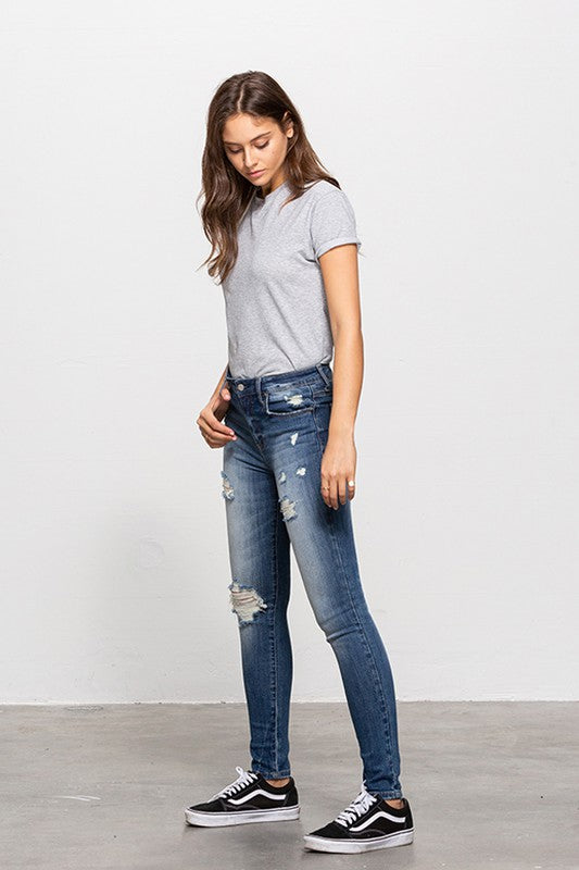 Mid-Rise Premium Body Distressed Ankle Skinny Jeans